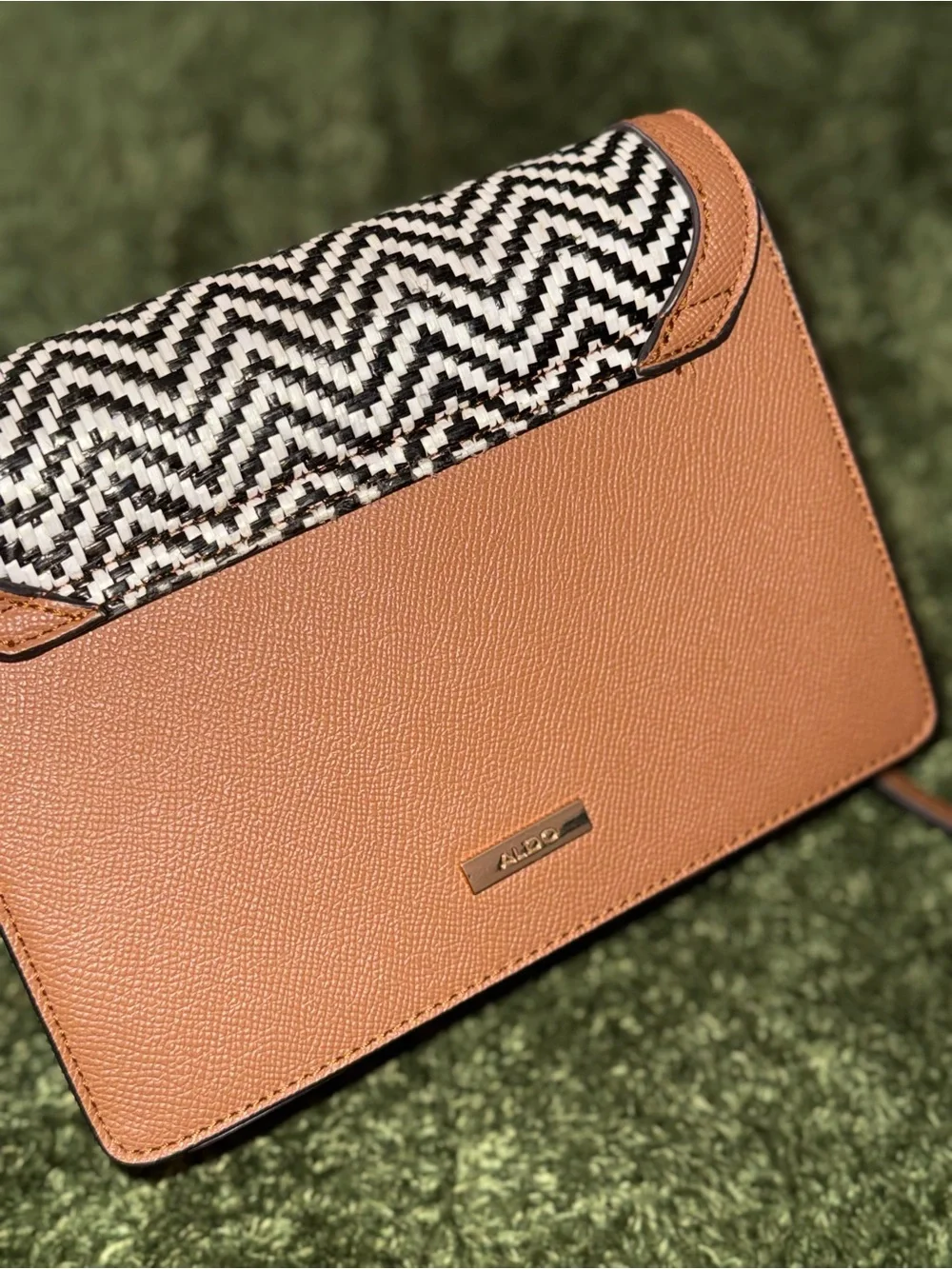 Aldo Black-and-White Woven Crossbody with Tan Trim
